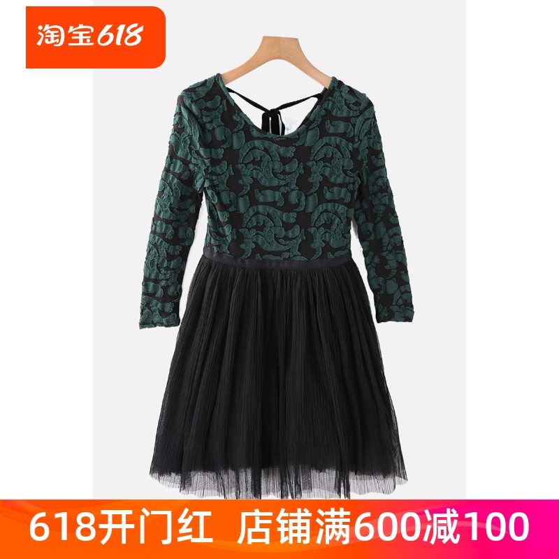 香系列秋季新款女装圆领气质网纱蕾丝拼接修身显瘦连衣裙M9322