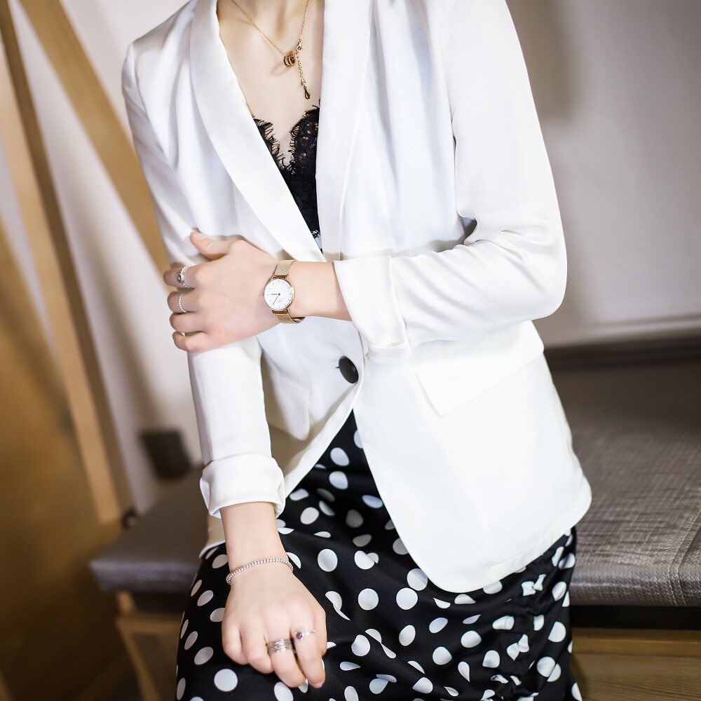 黑白色重磅真丝西装女薄款 春夏英伦风大哥廓西桑蚕丝休闲外套的宝贝