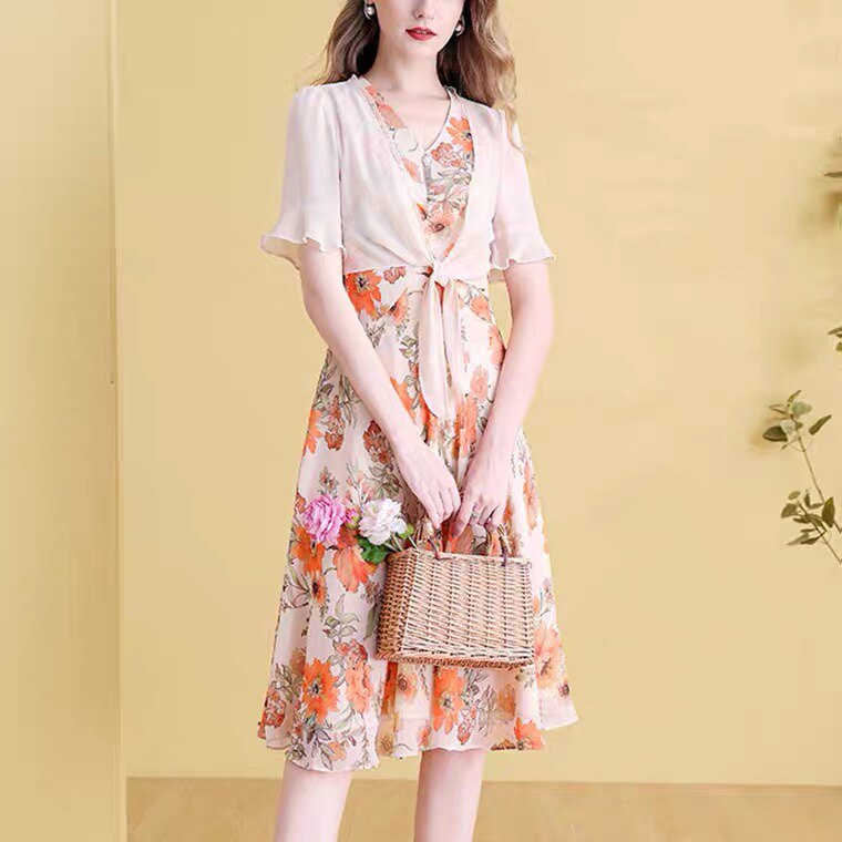 菲梦伊减龄娃娃领连衣裙女夏季新款气质收腰显瘦中长款雪纺a字裙