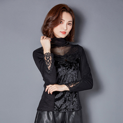 加绒加厚打底衫女长袖2016冬季新款韩版显瘦雪纺衫高领蕾丝上衣