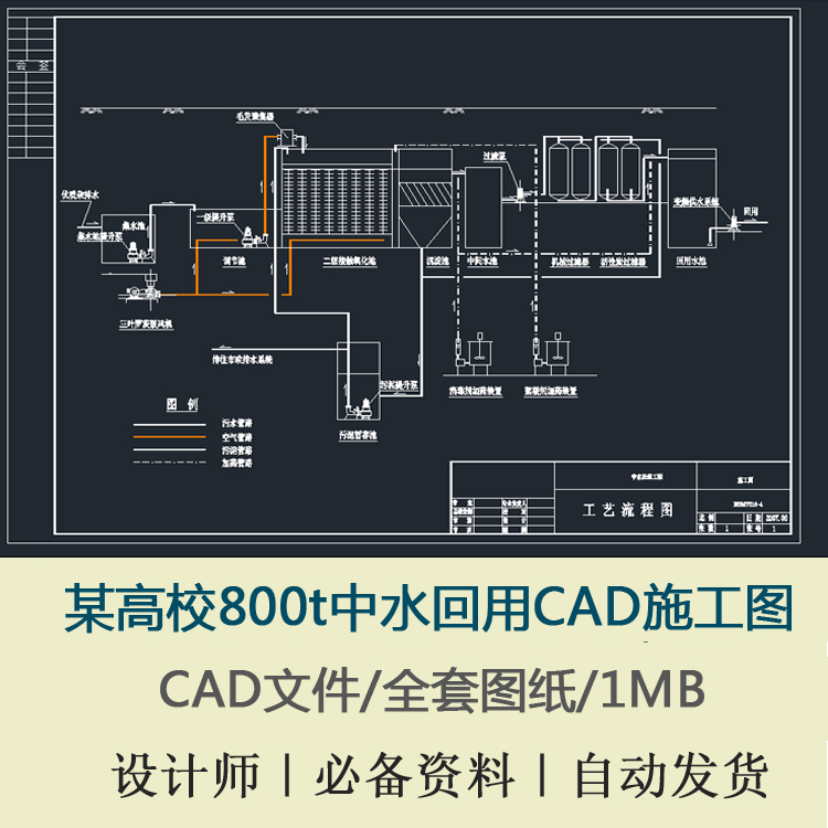 某高校800t中水回用工艺流程图设备平面布置管道系统图CAD施工图