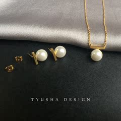 TYUSHA 进口S925纯银镀24K真金天然贝珠耳钉耳环项链锁骨链礼物