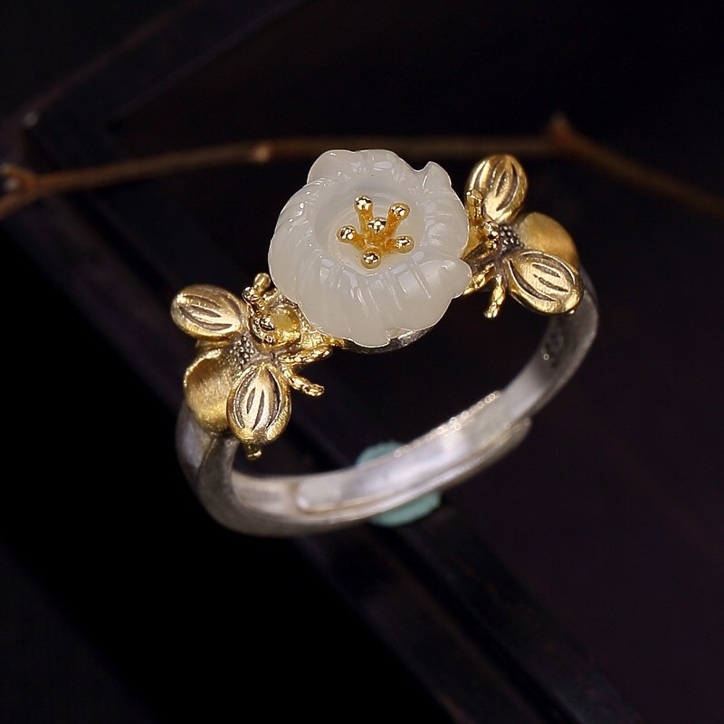 s925纯银复古镀金天然和田白玉镶嵌莲花女士个性高档活开口戒指