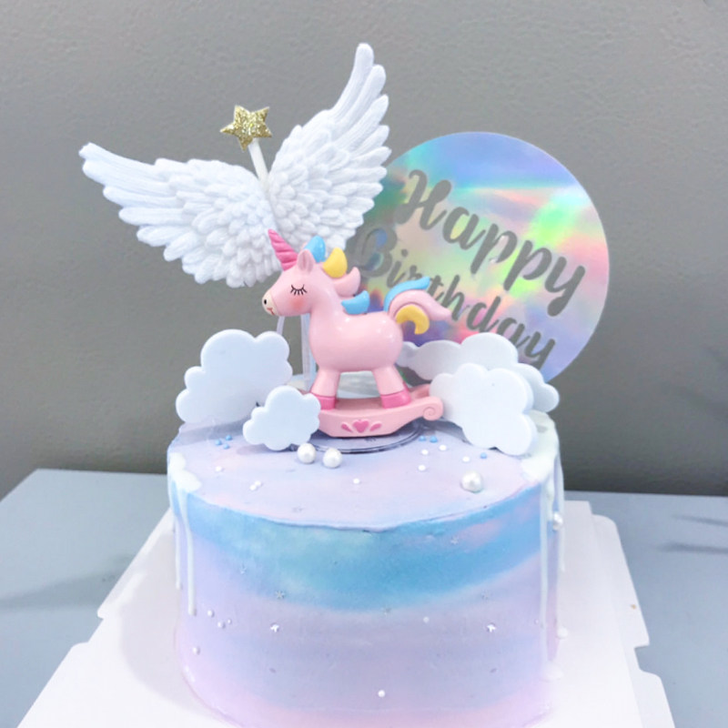 梦幻独角兽木马摇马生日蛋糕装饰摆件立体星星翅膀甜品台装饰插件