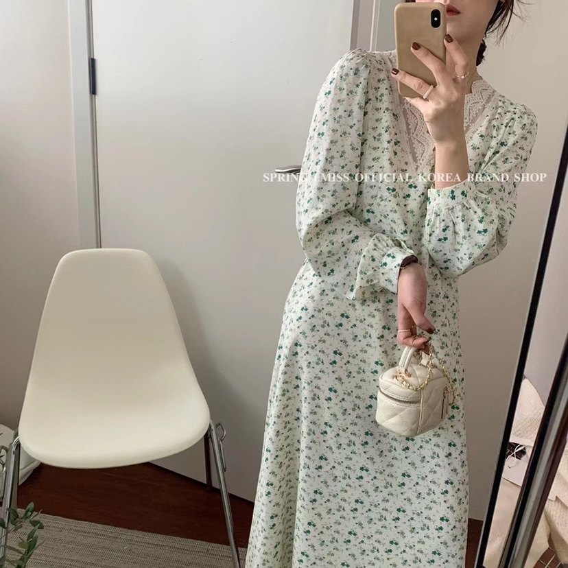 imiss studio韩国春夏新款碎花v领蕾丝长袖百搭连衣裙裙子8023