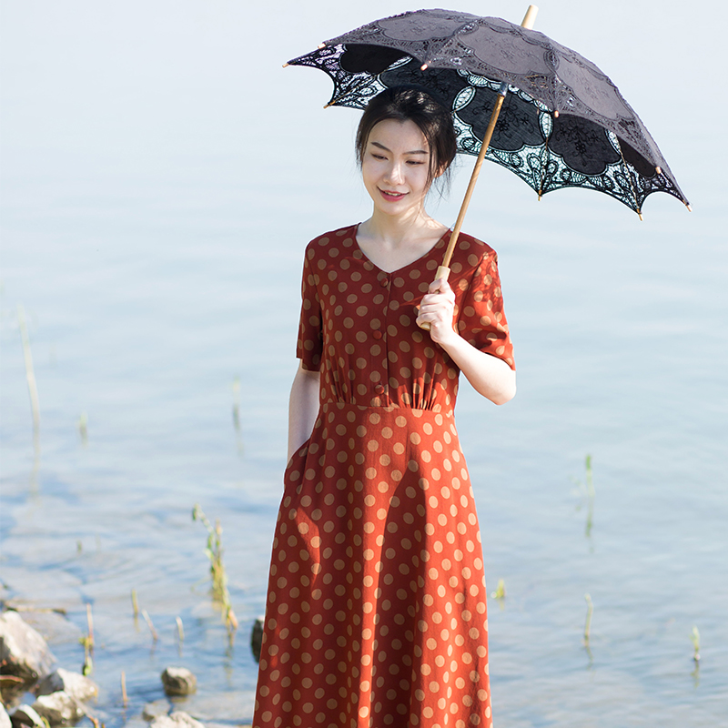 心新生意[布拉吉之美]波点绢纺香云纱v领长款复古优雅连衣裙长裙