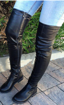 反串表演长靴女平底超长皮面长筒靴特大码靴47码大腿靴皮靴过膝靴