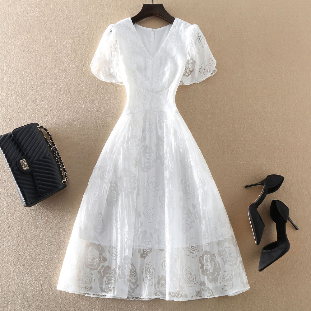 高端气质女装时尚白色晚礼服女夏修身收腰显瘦中长款大摆短袖裙子