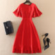 红色中长款修身气质订钻披肩精品礼服裙子欧美大牌高端大码女装裙