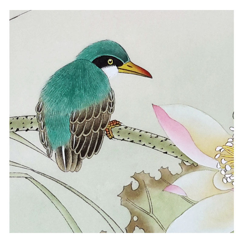 李国富《荷花翠鸟》精品工笔水墨花鸟 国画