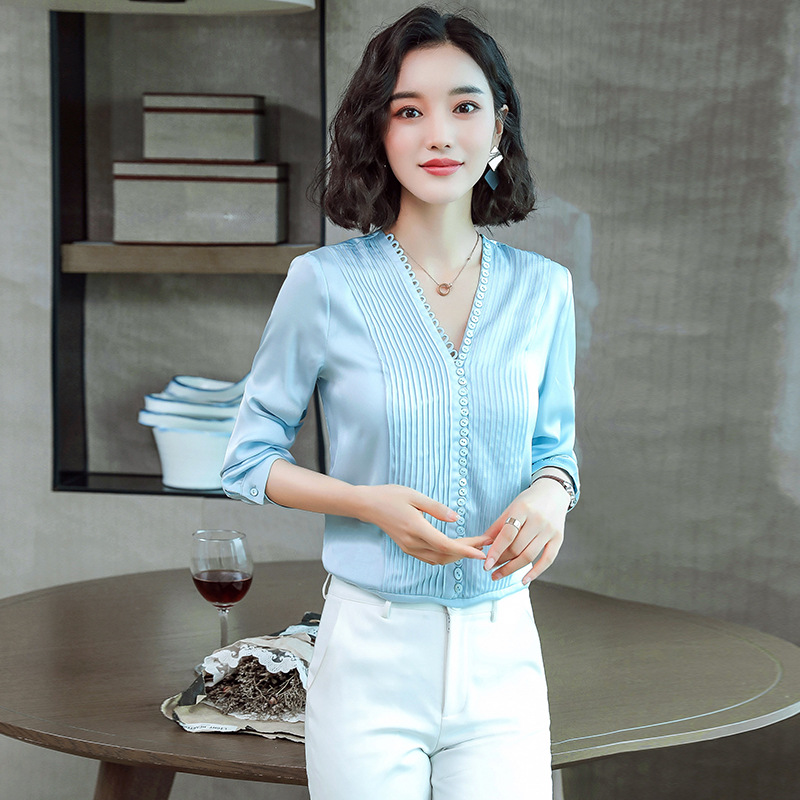 重磅真丝衬衫女2019秋装新款韩版修身桑蚕丝V领上衣时尚洋气衬衣|ruв категории Женская одежда, рубашка - от Buy2taobao.com для оказания профессиональной услуги покупки агента Taobao