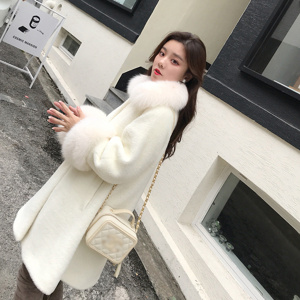 白色毛领毛呢大衣女大额优惠券