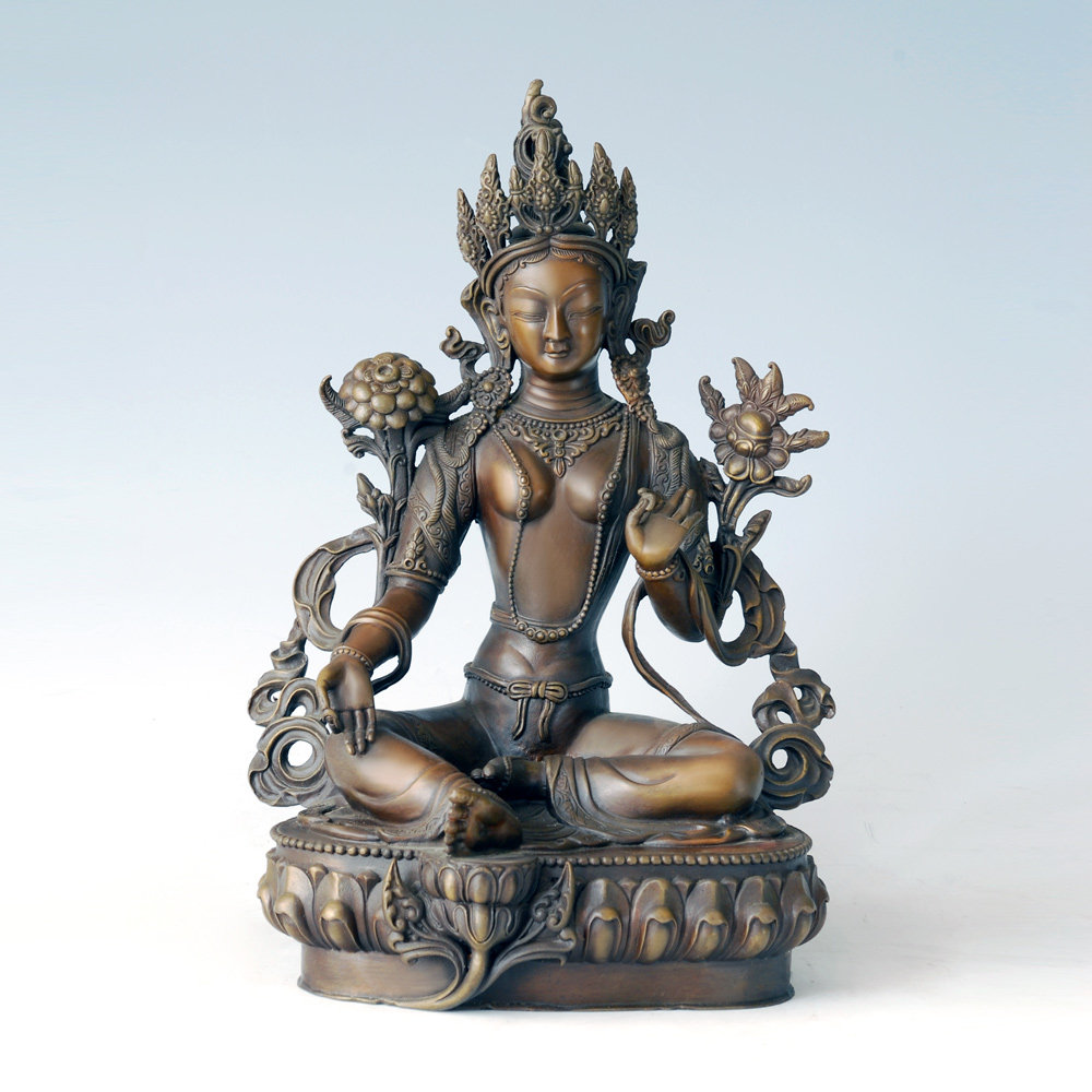 铜雕塑绿度母fx016专业中式工艺品书房佛堂玄关家居桌面摆件包邮