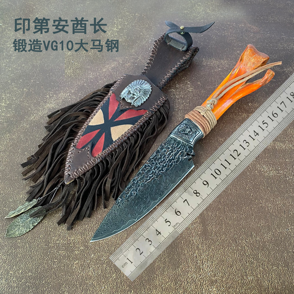 美国印第安手工锻打花纹钢刀大马士革钢直刀vg10钢户外露营求生刀