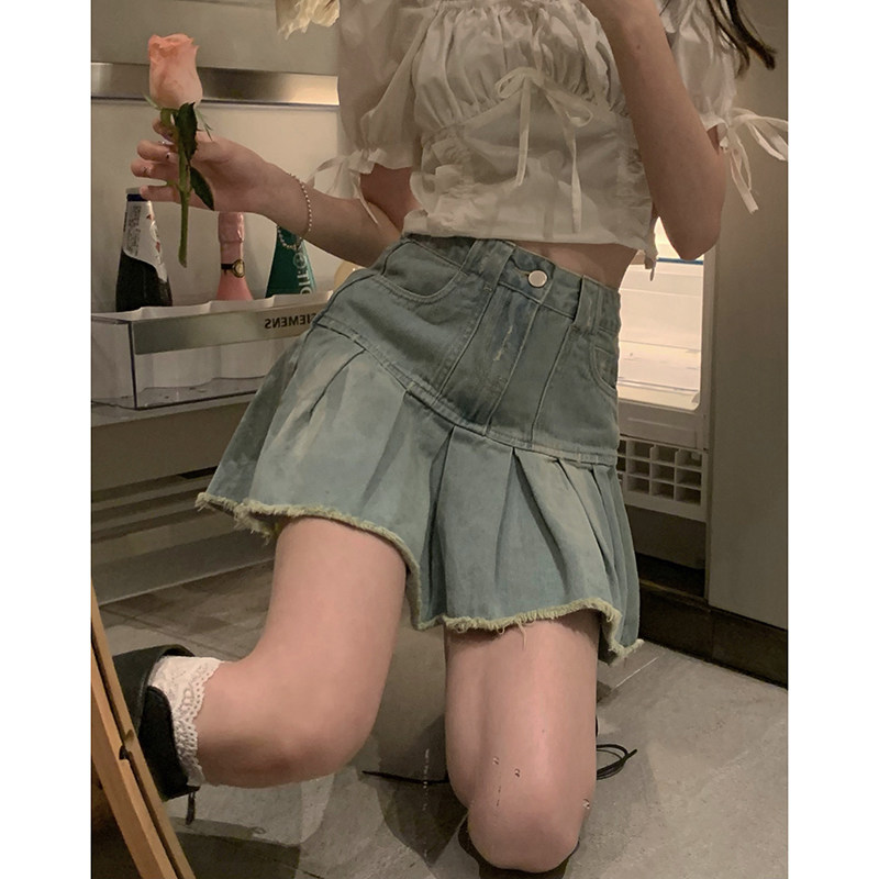实拍实价 水洗做旧牛仔短裙女高腰显瘦磨白毛边百褶a字半身裙