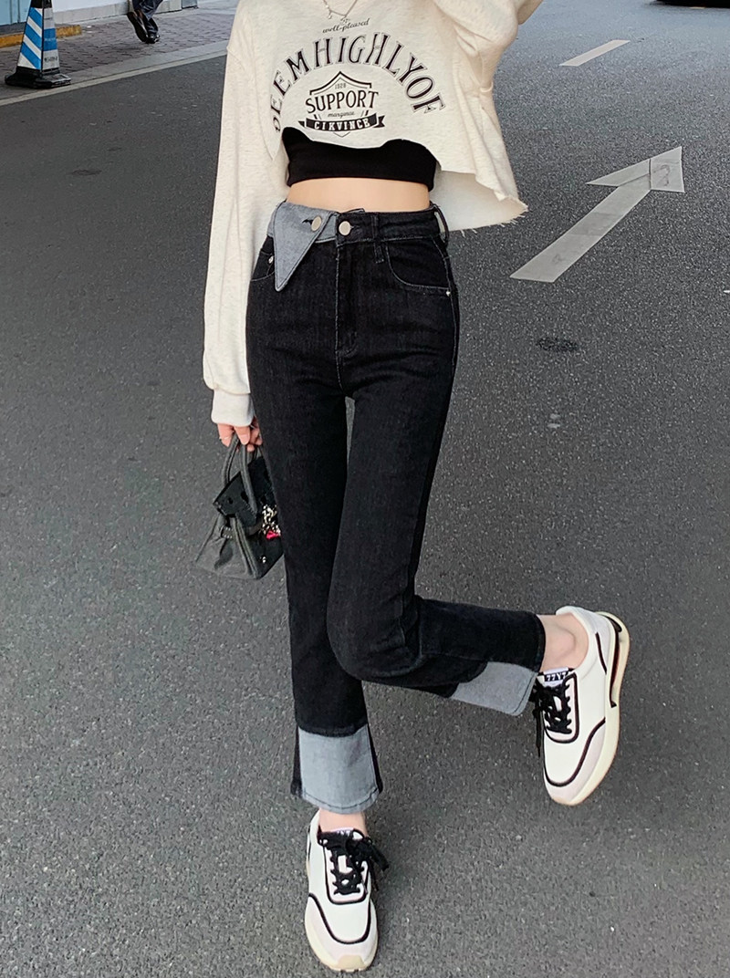 价设计感高腰显瘦牛仔裤女修身显瘦撞色裤脚直筒九分裤子,女装牛仔裤