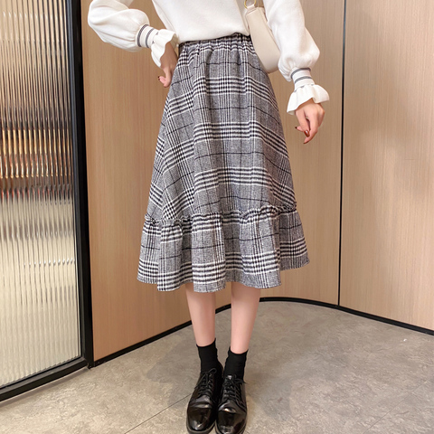 秋季毛呢格子半身裙秋冬女中长款长裙a字裙高腰呢子格纹百搭裙子