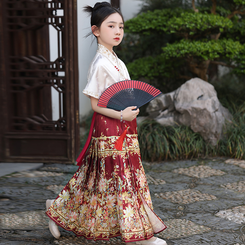 2024新款女童汉服马面裙新中式国风高级感红色套装夏季儿童夏装女
