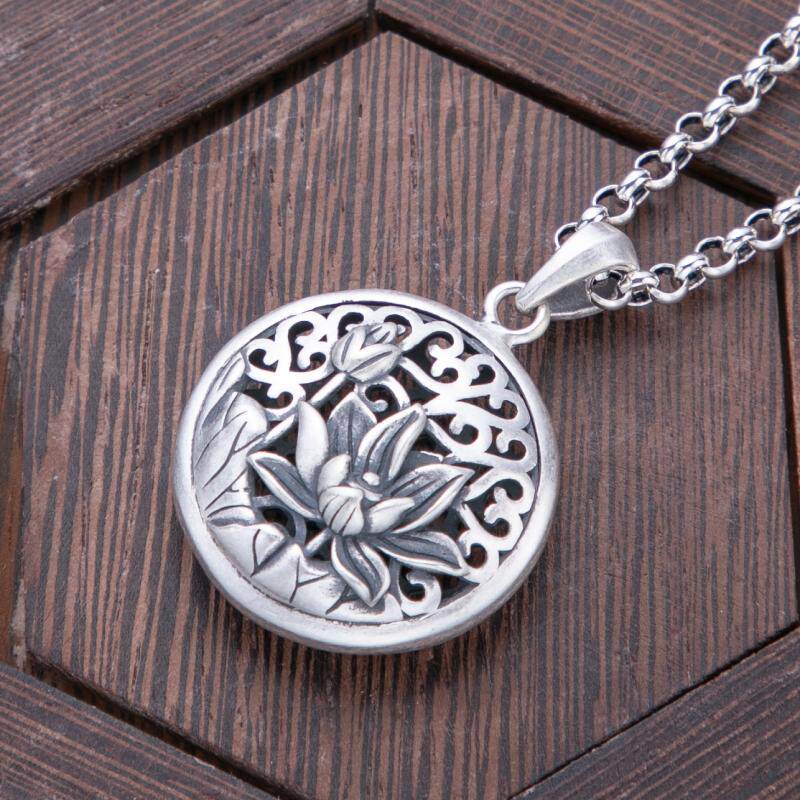 泰银复古百搭女士圆形镂空立体荷花莲花毛衣链挂坠足银吊坠中国风