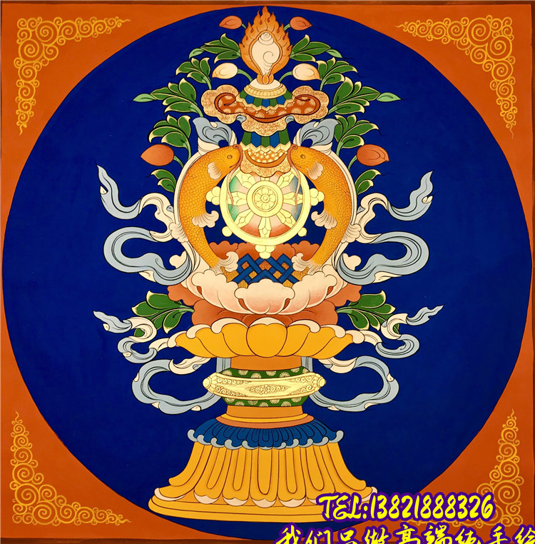 青海热贡精品红唐曼陀罗吉祥八宝持咒手绘纯金矿彩唐卡装饰风水画