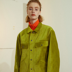FUSSED 16AW原创独立设计师品牌 草绿暗条纹金属扣短款外套女夹克