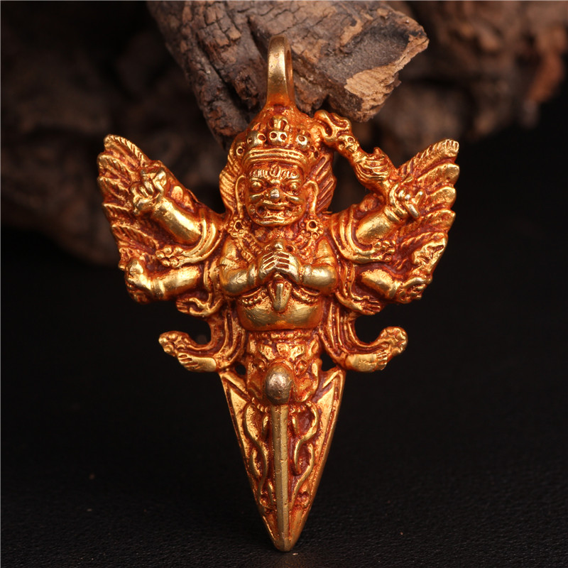 尼泊尔铜鎏金大黑天六臂玛哈嘎拉金刚杵橛复古个性霸气男项链吊坠