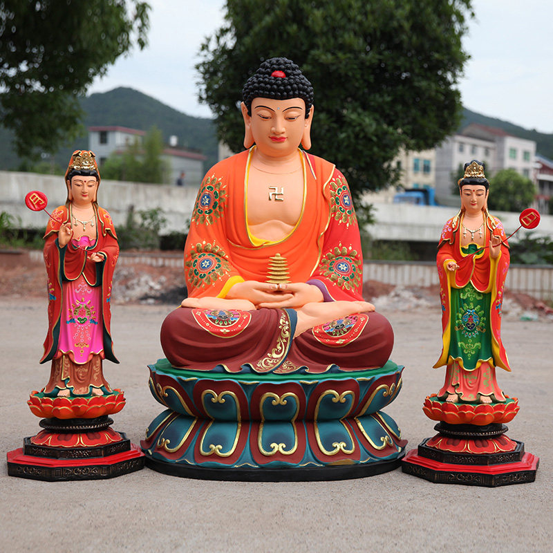 寺庙树脂神像 1米1东方三圣 家用贴金彩绘东方三圣佛像 坐药师佛