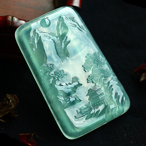 大师作品 玻璃种绿底精雕山水牌 ,天然a货翡翠49.77克