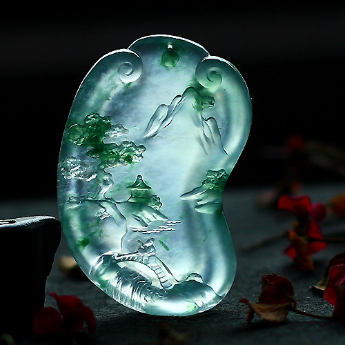 大师作品 玻璃种飘翠山水牌,江南春色 天然a货翡翠16.48克