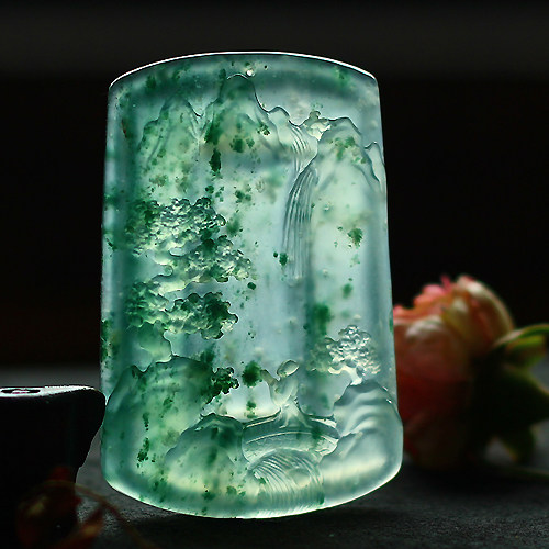 林佳裕大师作品 木那飘翠山水牌,天然a货翡翠33.98克