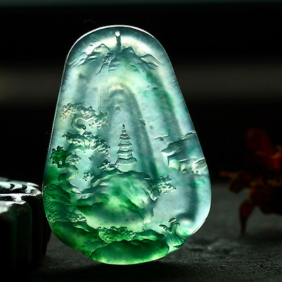 大师级工艺,冰种飘帝王绿山水牌,江南秀色 天然a货翡翠29.72克