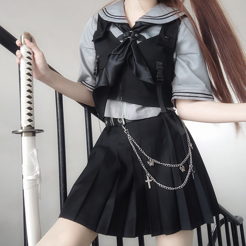 【铭酒学园】黑色百褶裙女夏秋款高腰百搭a字半身裙学院风jk短裙