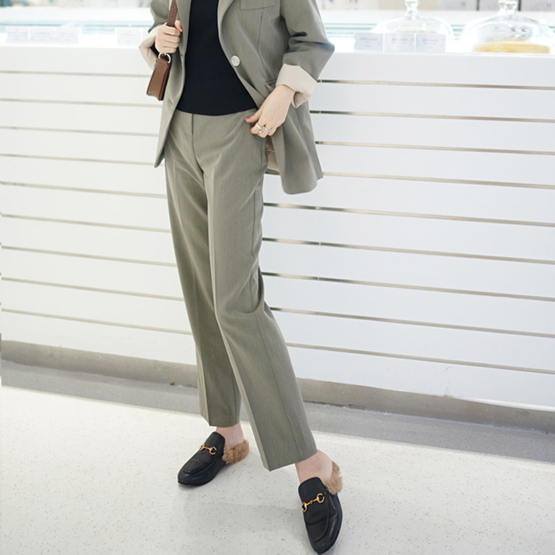 女休闲套装西装裤_2019秋装小西装女韩版宽松休闲套装西裤两件套橄榄