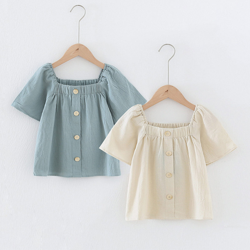 女童棉麻短袖上衣儿童衬衫中大童夏季洋气方领衬衣韩版纯色娃娃衫