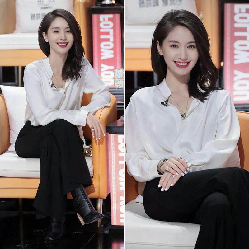 听姐说王子文明星同款白色立领22春夏新真丝衬衫女长袖设计感小众