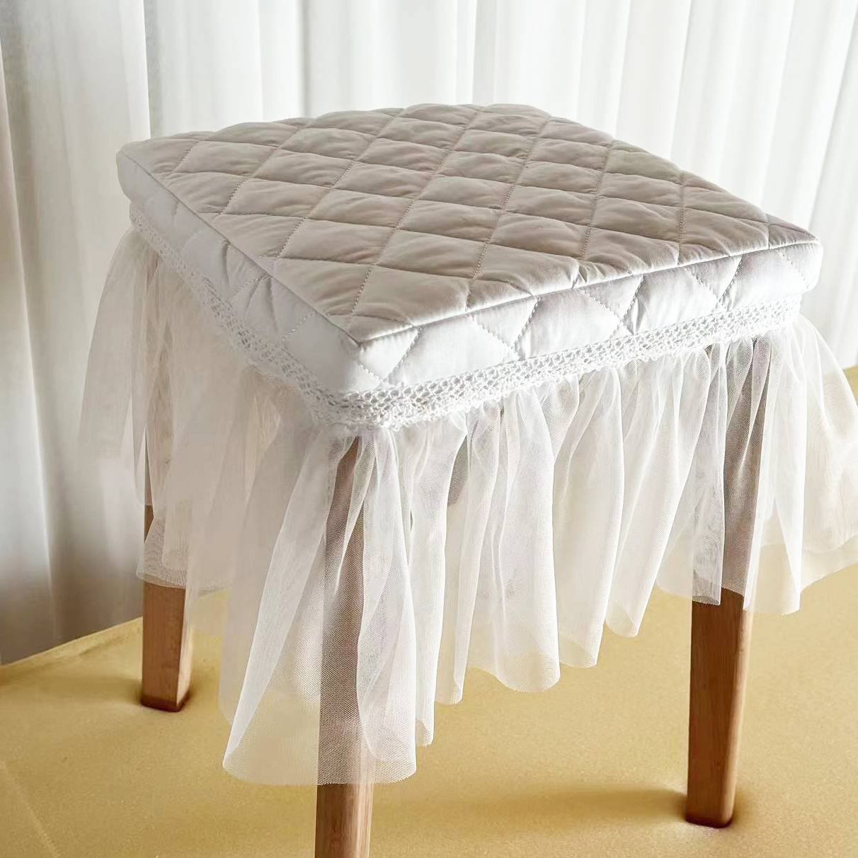 本白色简约全棉+纱长方形凳子套 桌子套 茶几套 可定制各种规格