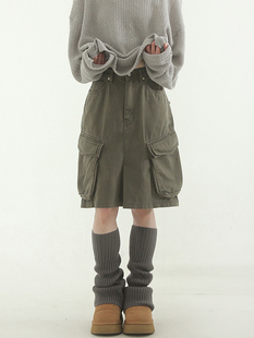 韩国代购24 khaki cargo pocket cotton midi skirt 卡其绿工装裙