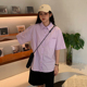 自制日系纯棉polo领短袖衬衫女2024夏新款宽松百搭学生紫色衬衣潮