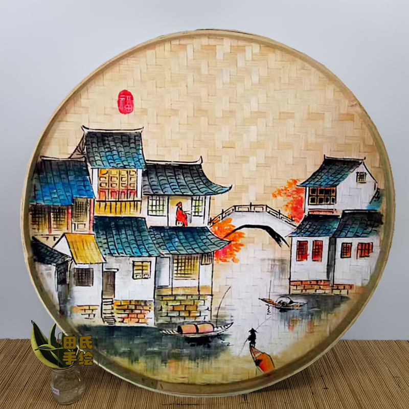 手绘簸箕画竹编制品风景挂画墙面挂件