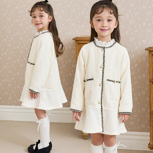 bebezoo韩国童装2023秋女童外套白色小香风长款洋气优雅公主风衣