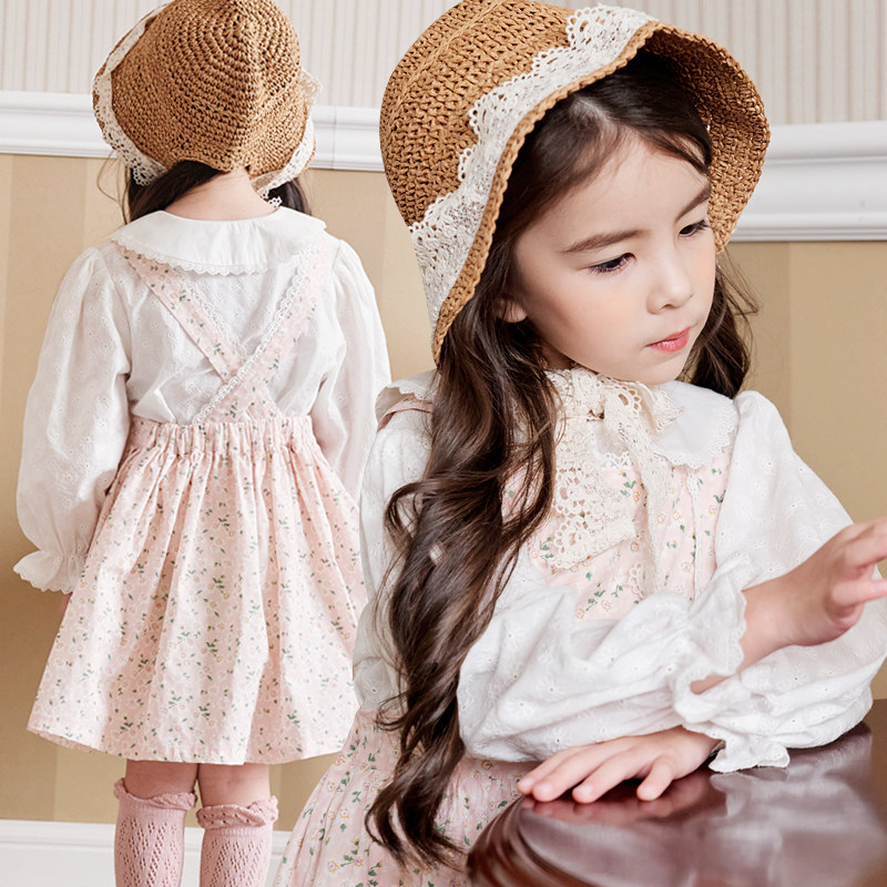 bebezoo韩国童装2022春女童白色衬衣纯棉提花刺绣小荷叶领娃娃衫