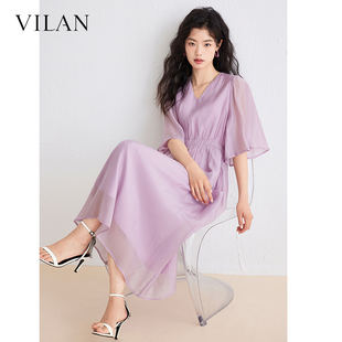 vilan/慧兰天丝连衣裙女气质夏季新款时尚显瘦V领纯色短袖中长裙