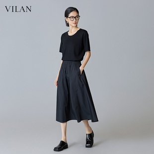 vilan/慧兰 黑色半身裙女夏季新款高腰显瘦a字裙中长款伞裙大摆裙