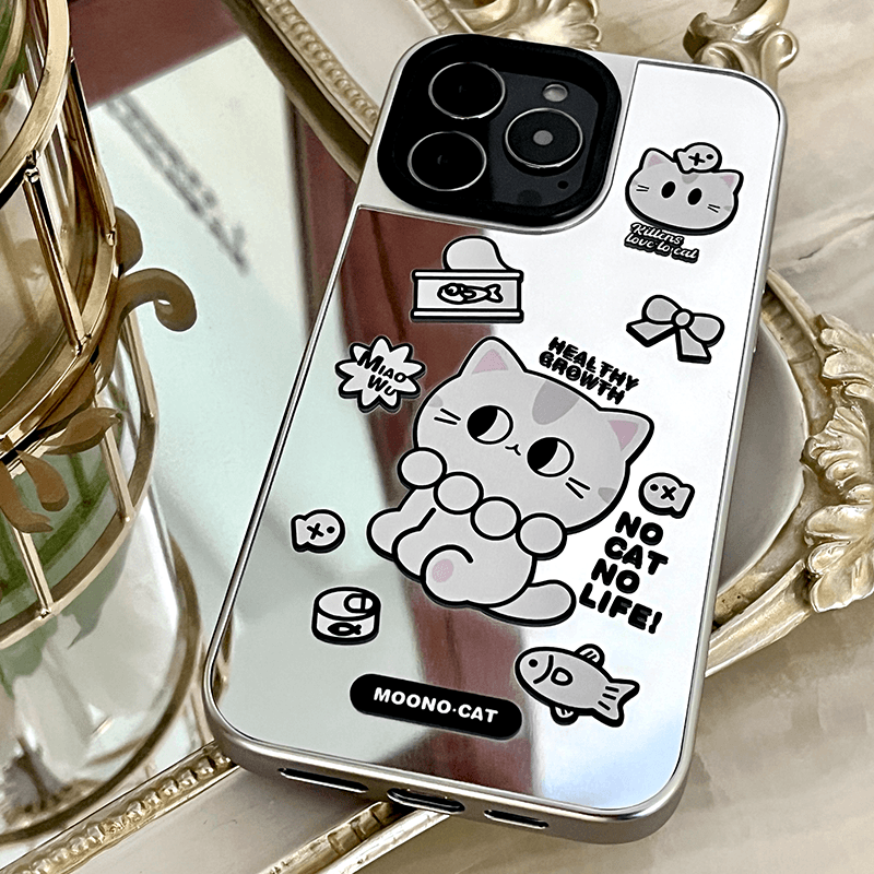 熊moono制造叽原创手机壳 「小猫生活银边镜面手机壳」 适用于iPhone13pro\苹果14promax、苹果15pro手机壳