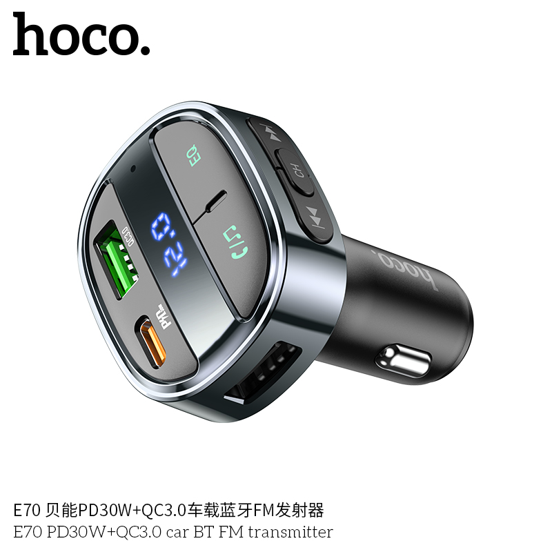 HOCO浩酷E70 PD30W+QC3.0车载充电器蓝牙FM发射器 自建FM频道音乐