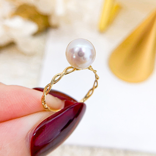 DIY珍珠配件 G18K黄白金珍珠戒指空托 时尚指环女款 配7-10mm圆珠