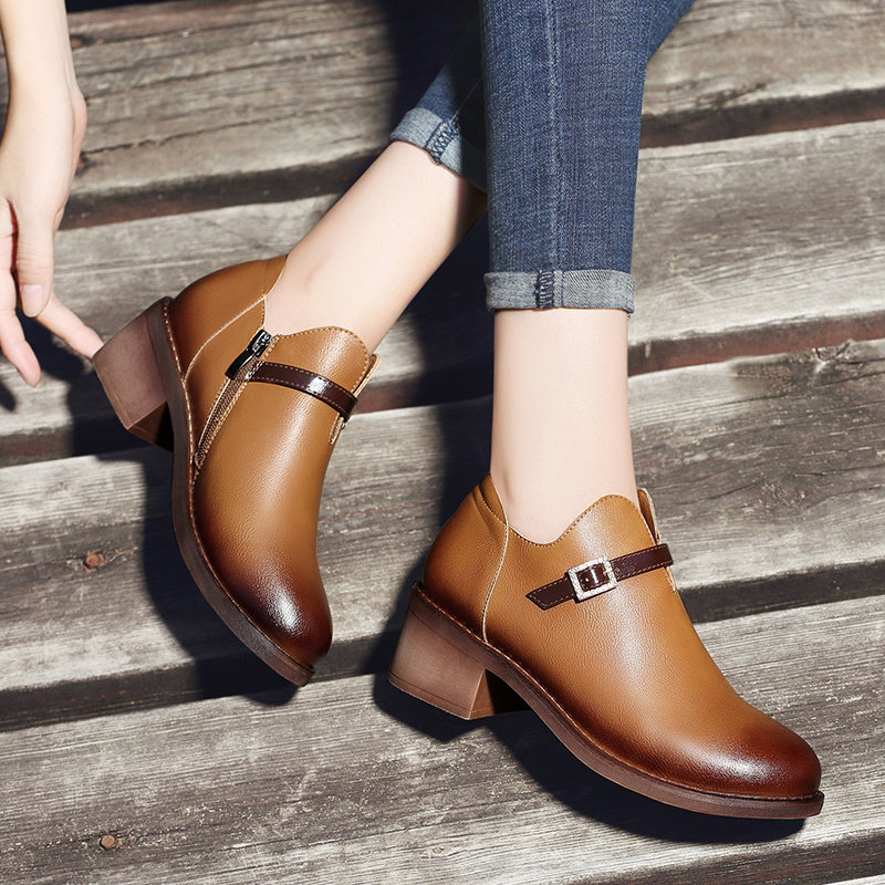 京东购物商城百年纪念春秋新款圆头方跟高跟鞋侧拉链时尚单鞋女鞋_不