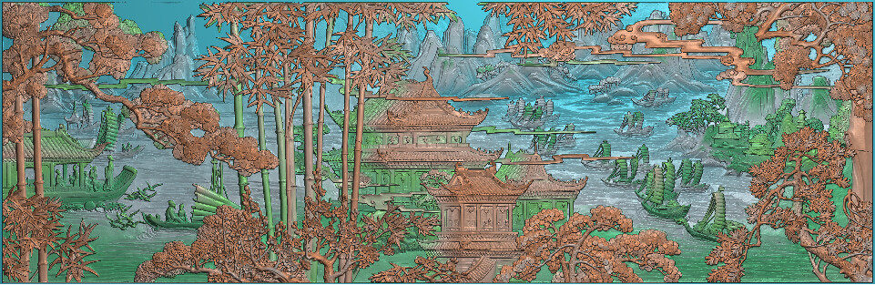 精雕江南山水风景屏风背景墙木玉石雕砂岩装饰设计素材