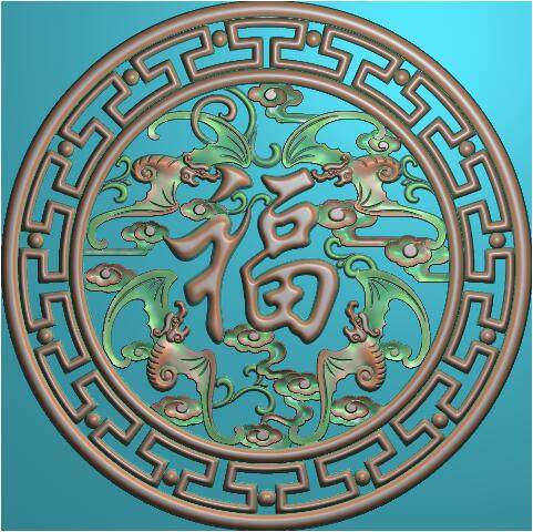 圆形镂空蝙蝠福字挂件精雕窗花照壁摆件木雕设计素材