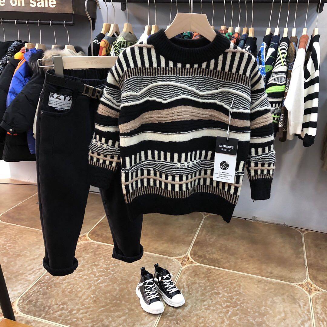 大e小e童装男童新款秋冬装新款儿童套头洋气圆领条纹针织毛衣